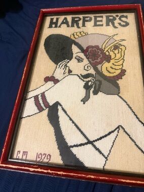 Vintage Harpers Bazaar Magazine Art Deco Needlepoint Art Hand Made USA 19x13